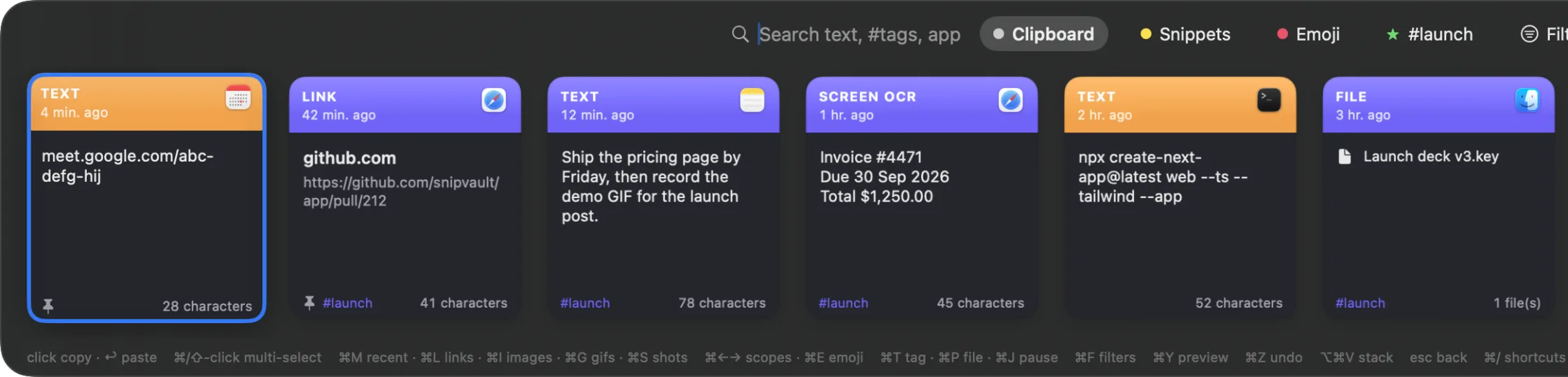 The SnipVault palette floating over a Mac desktop, showing recent text, link, file, and OCR cards