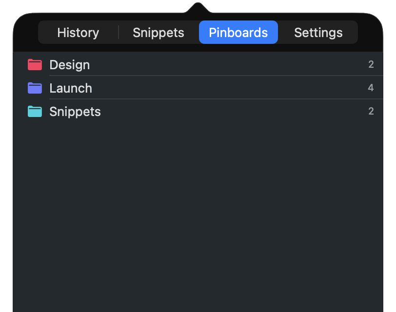SnipVault Pinboards tab listing Design, Launch, and Snippets pinboards