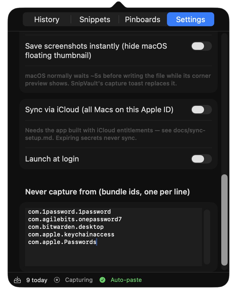 SnipVault Settings showing the never-capture list of password managers and the iCloud sync toggle