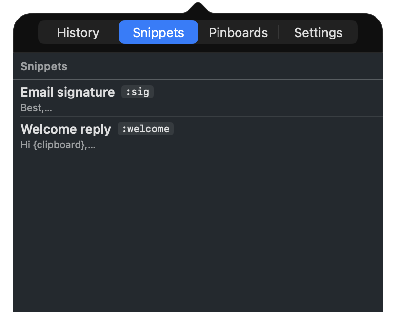 SnipVault Snippets tab with :sig and :welcome keywords and importers for Raycast, Espanso, and TextExpander
