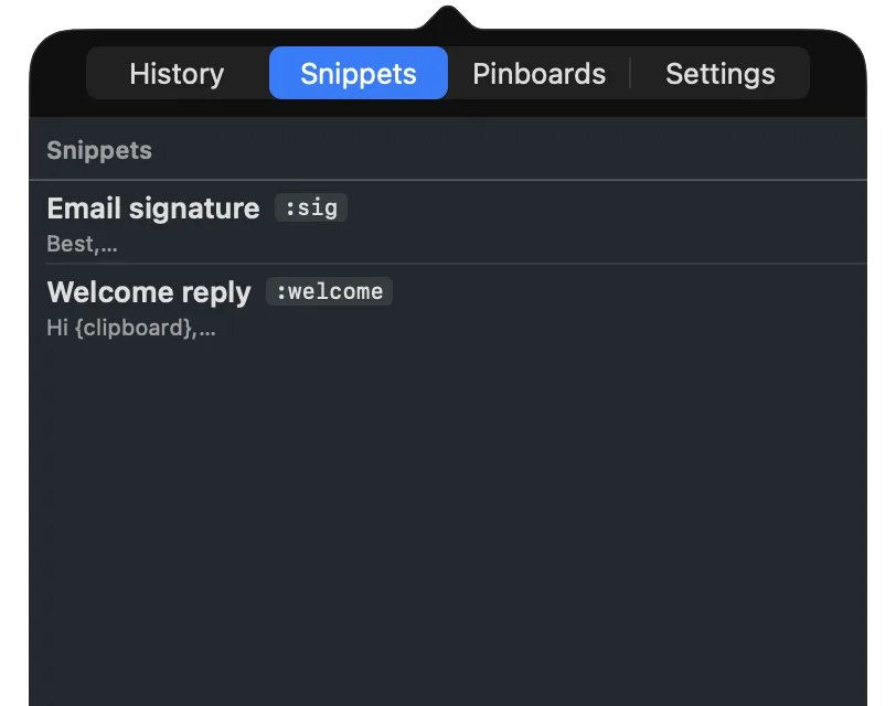 SnipVault Snippets tab with :sig and :welcome keywords and importers for Raycast, Espanso, and TextExpander