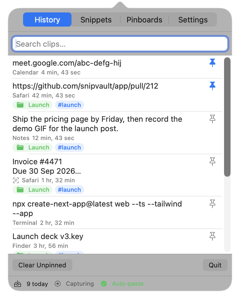 SnipVault menu-bar window listing recent clips with source app, pinboard, and tags