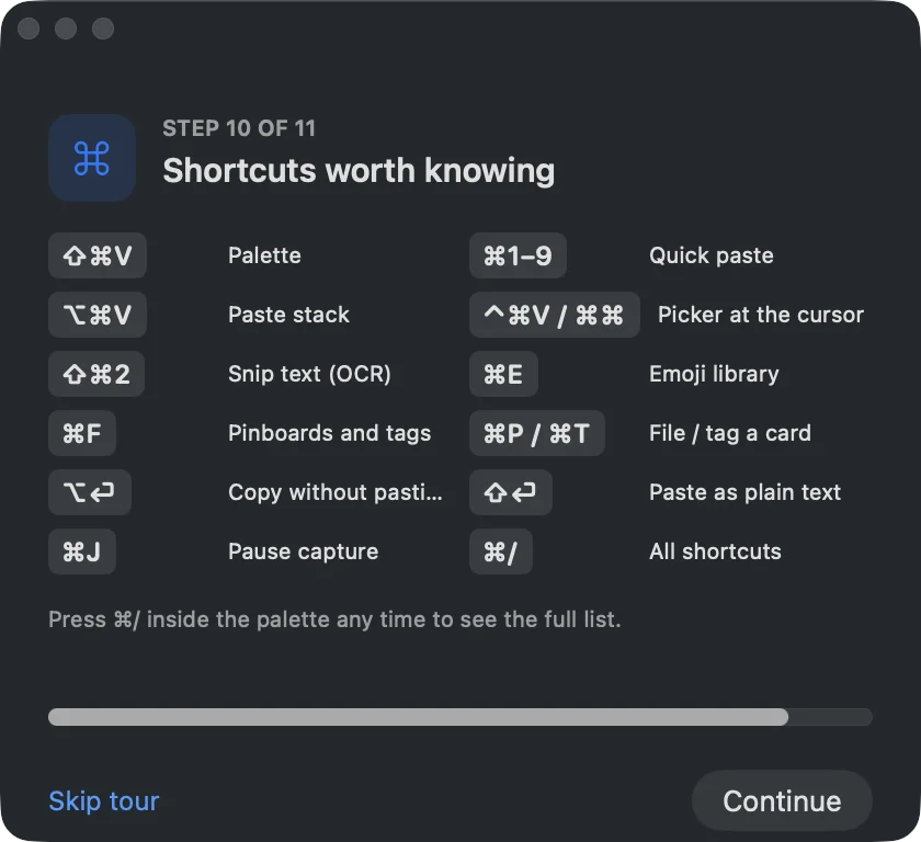 SnipVault's shortcut cheat sheet: palette, quick paste, paste stack, OCR, emoji, pinboards, and tags